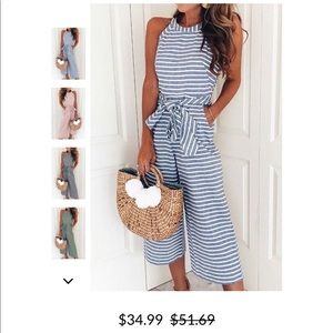 Blue and white striped jumpsuit